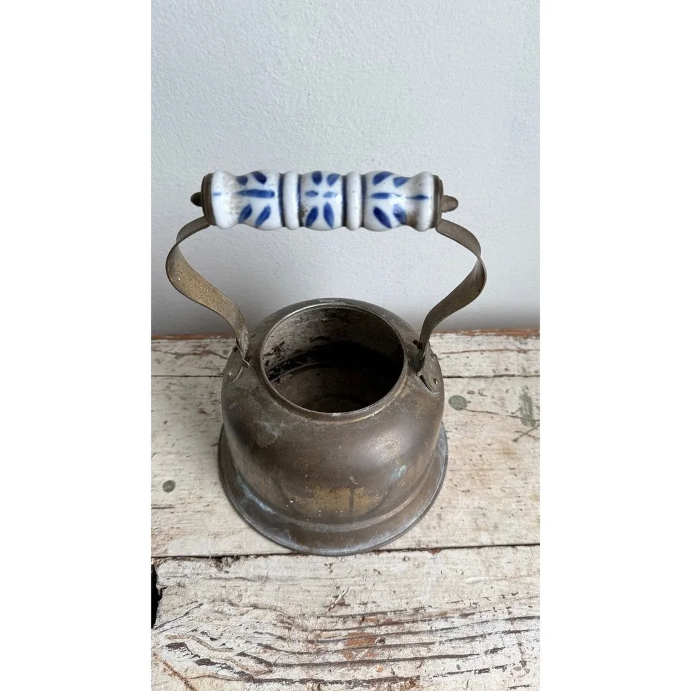 Antique Brass Tea Kettle Blue White Ceramic Handle Primitive Farmhouse